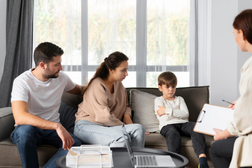 Family discussing with mediator